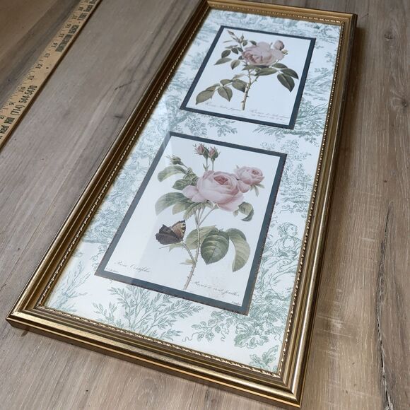Framed Redouté Dual Still Watercolor Rose Artwork Print - Width 9” x Height 21” - Picture 2 of 6